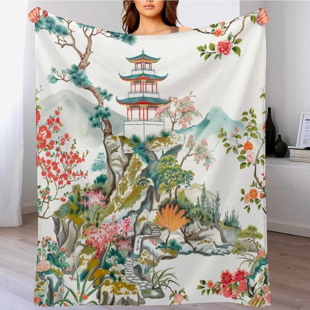 Blanket Chinoiserie Chic Asian Pagoda Fleece Throw Blanket Pagoda Chinoiserie Style