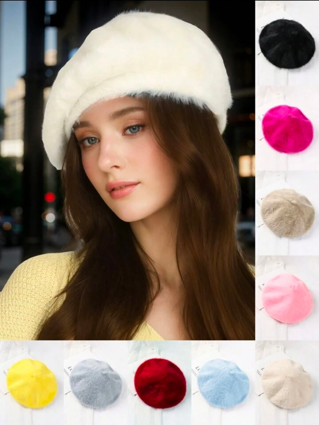 3pc Solid Color Vintage Rabbit Fur Beret, Cute And Fluffy