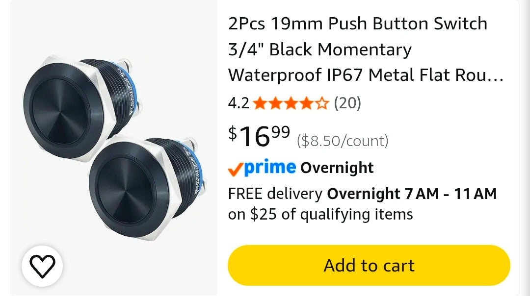 2Pcs 19mm Push Button Switch 3/4" Black Momentary Waterproof IP67 Metal Flat Round Top 12V 24V 36V 110V 250V 5Amp SPST, UL Certification