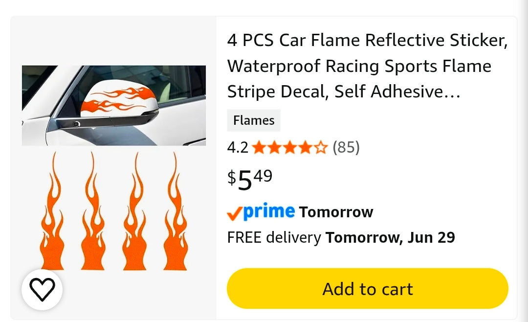 4 PCS Car Flame Reflective Sticker, Waterproof Racing Sports Flame Stripe Decal, Self Adhesive Bumper Decals Safety Stickers for Car Mirror Motorcycle Helmet, Car Accessories (Orange)