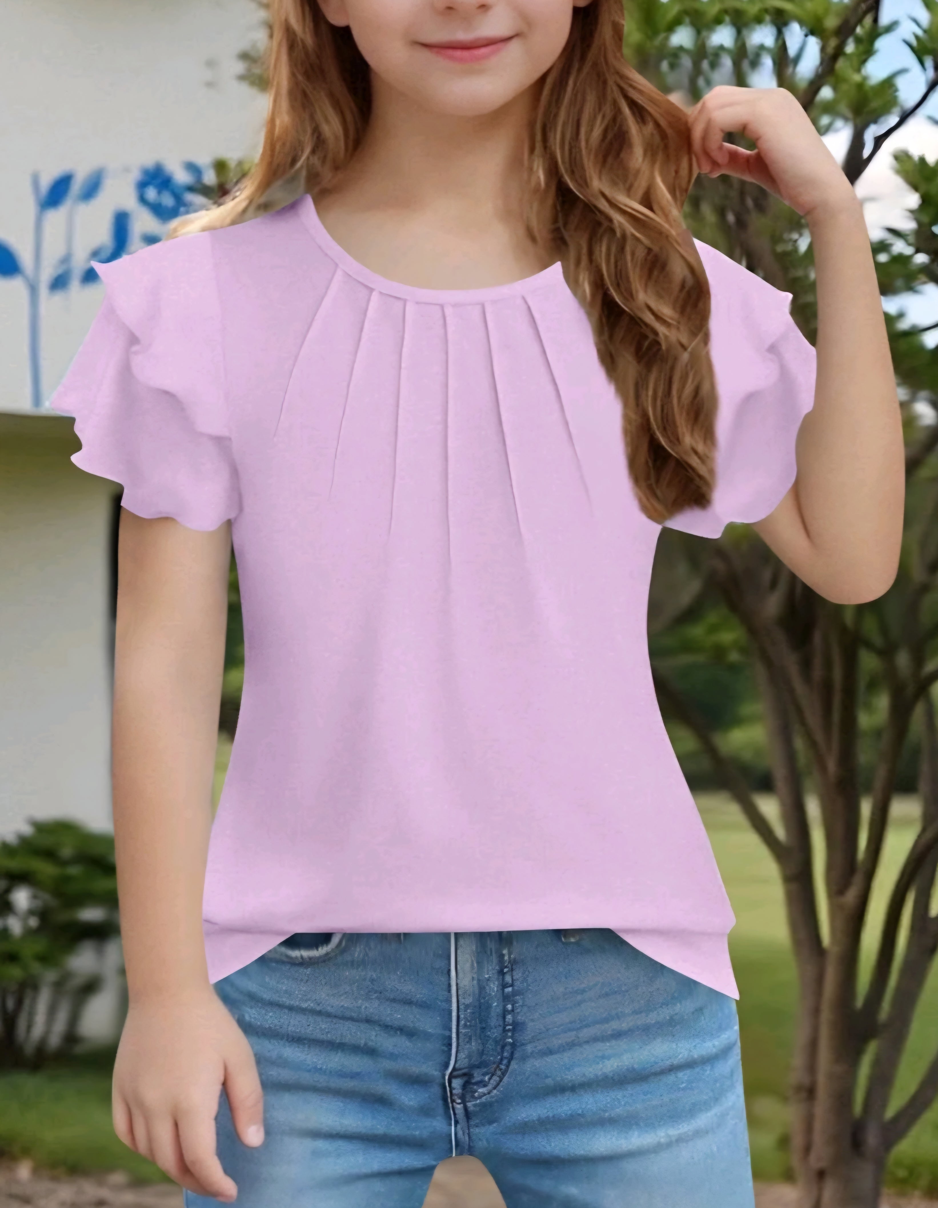 Girls Solid Color Short Sleeve Top Shirt Spring Summer Casual Round Neck Blouse Everyday Wear for Kids