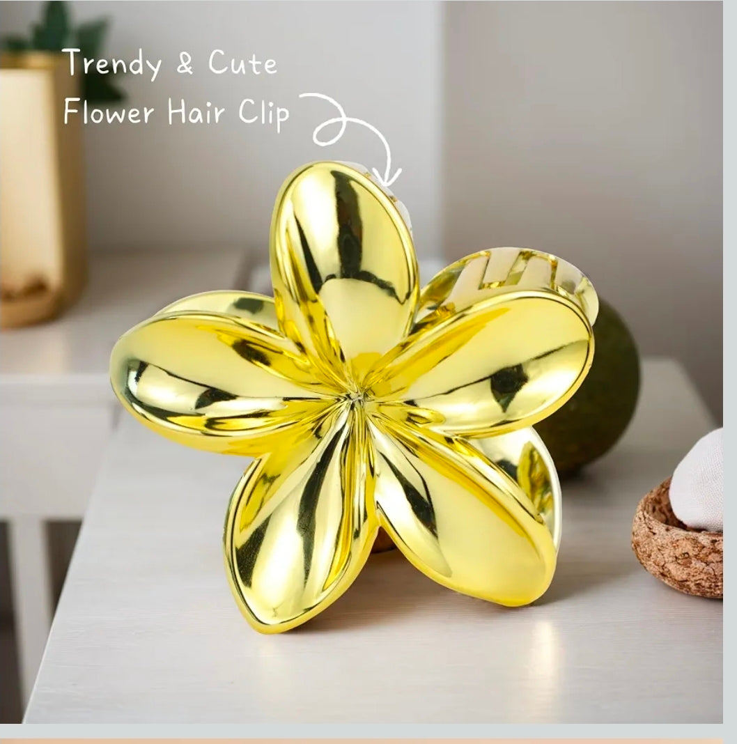 3.15'' Gold Plumeria Claw Clip, Stylish Tropical Flower Hair Clip for Women, Girls Hawaiian Hair Accessory for Vacations & Everyday Use - 1 Pc