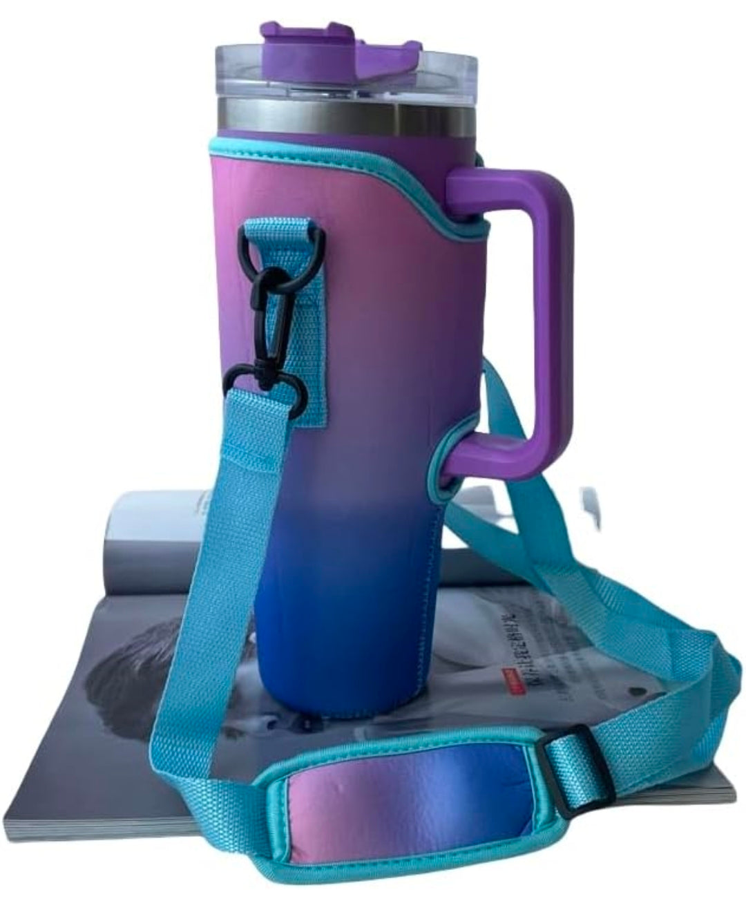 Insulated Cup Sleeve with Shoulder Strap, 40oz Tumbler Carrier, Neoprene, Gradient purple