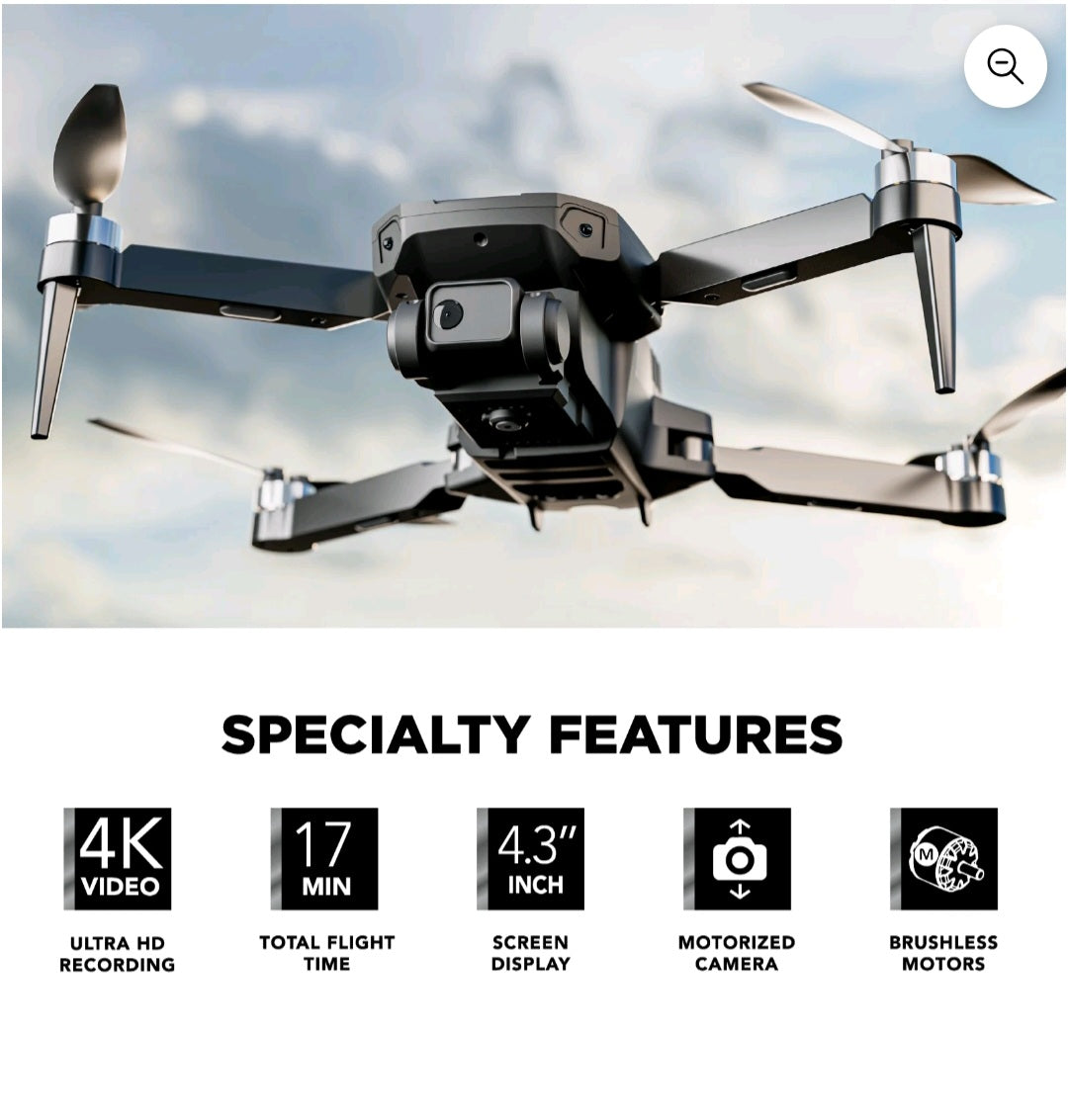 Vivitar SkyVision 4K Ultra HD GPS Foldable Video Drone with 4.3" Display Controller, Brushless Motors, 1-Axis Gimbal, VR Headset, 17-Minute Flight Time & Travel Carry Case