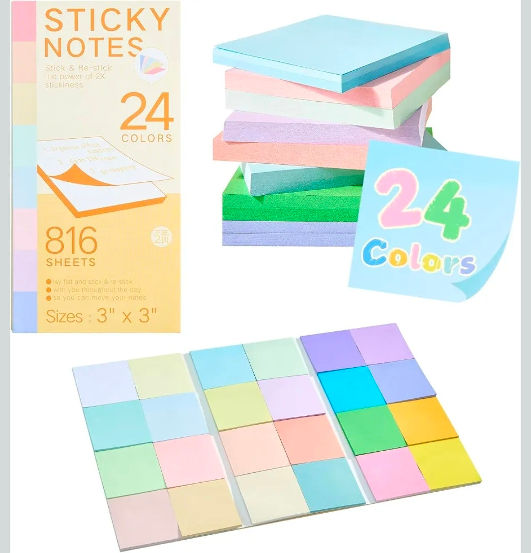24 Colors Super Sticky Notes 3x3 Inches, 816 Sheets Repositionable Pads