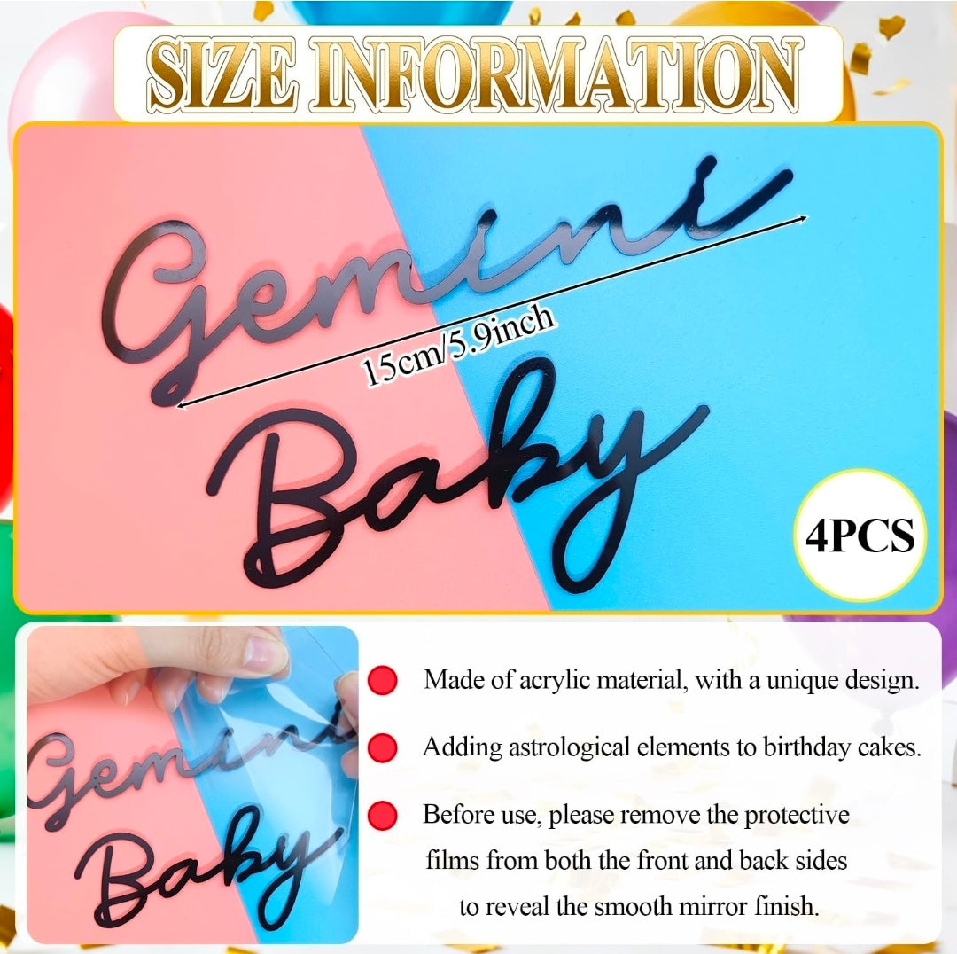 4 Pcs Gemini Birrhday Cake Topper Acrylic Horoscope Party Supplies Zodiac Birthday Cake Decorations for Boys & Girls and Adult Birthday Party (Black)