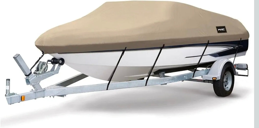 MSC Heavy Duty Oxford Ployester Made Trailerable Boat Cover,Fits V-Hull,Tri-Hull, Runabout Boat Cover (Model B - Length:14'-16' Beam Width: up to 90", Beige)