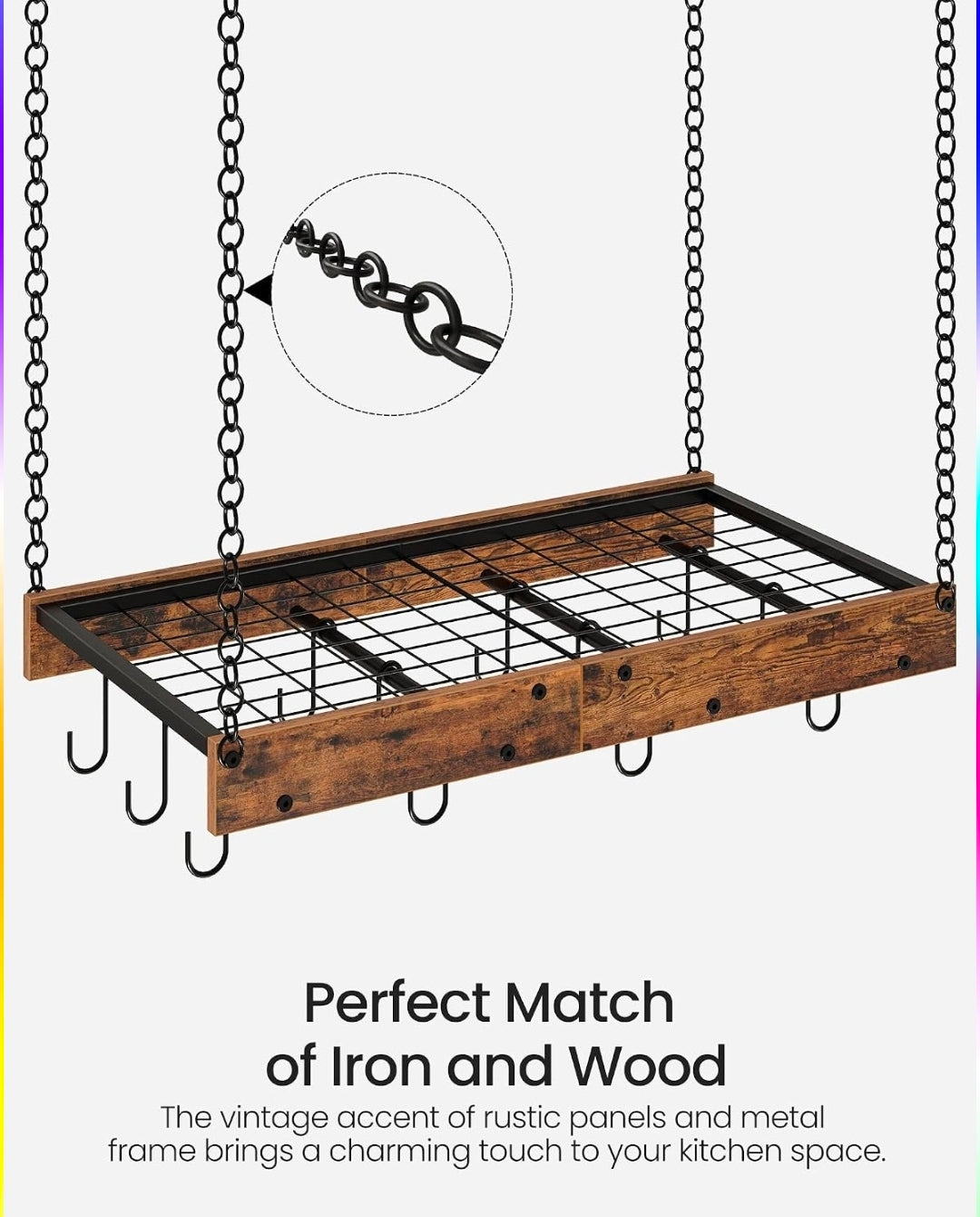 Hanging Pot Rack,Kitchen Ceiling Mounted, Pot and Pan Hanging Rack with 12 S-Shaped Hooks, for Cookware Storage, Rustic Brown and Black