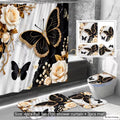 2D Flat 4pcs Butterflies Roses And Pearls on Black White Shower Curtain Set