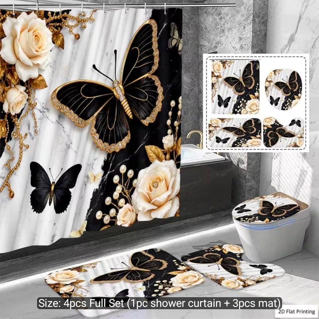 2D Flat 4pcs Butterflies Roses And Pearls on Black White Shower Curtain Set