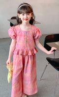 Girl's Summer Set: Pink PlaidTop + Wide Leg Pants 2pcs Set - 3/4 years