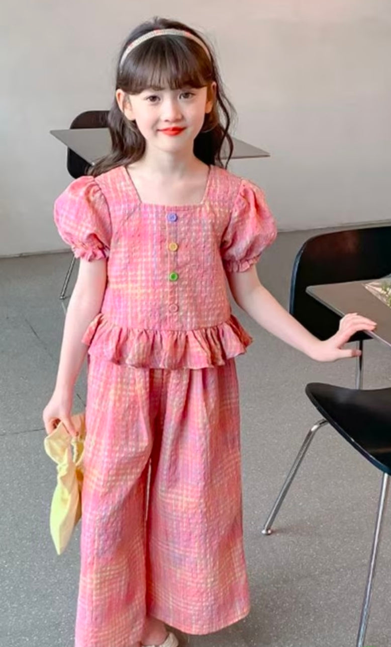 Girl's Summer Set: Pink PlaidTop + Wide Leg Pants 2pcs Set - 3/4 years