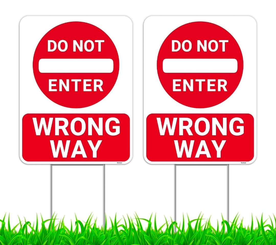 2PC Do Not Enter Wrong Way Sign with Stakes, 17 Inches by 13 Inches - Corrugated Plastic - No Exit No Outlet Dead End No Thru Traffic No Turn Around Sign