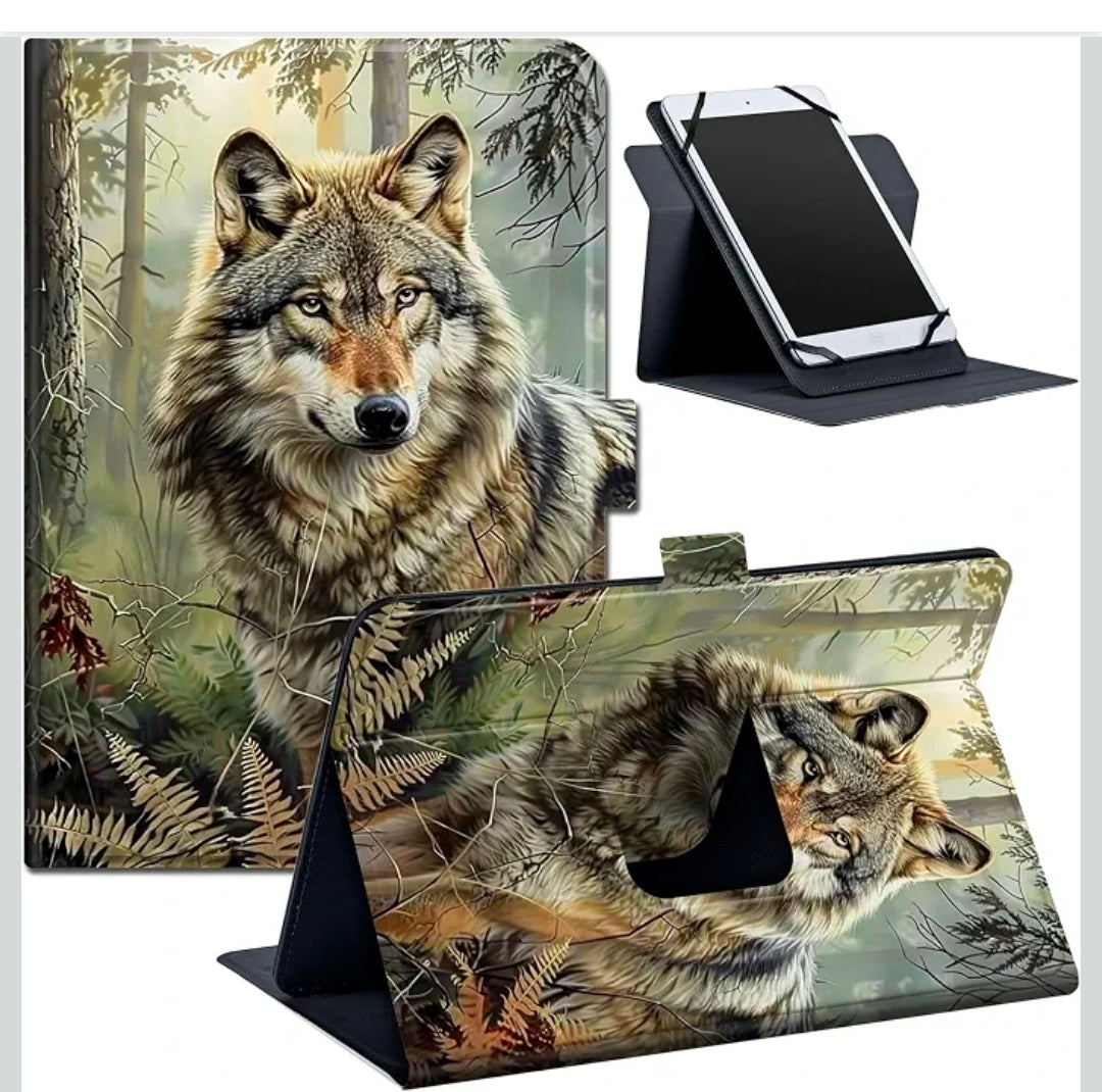Universal Tablet Case for 9-10.5 inch Tablets, Stand Folio Case with Adjustable Fixing Band and Multiple Viewing Angles, Spiritual Wolf
