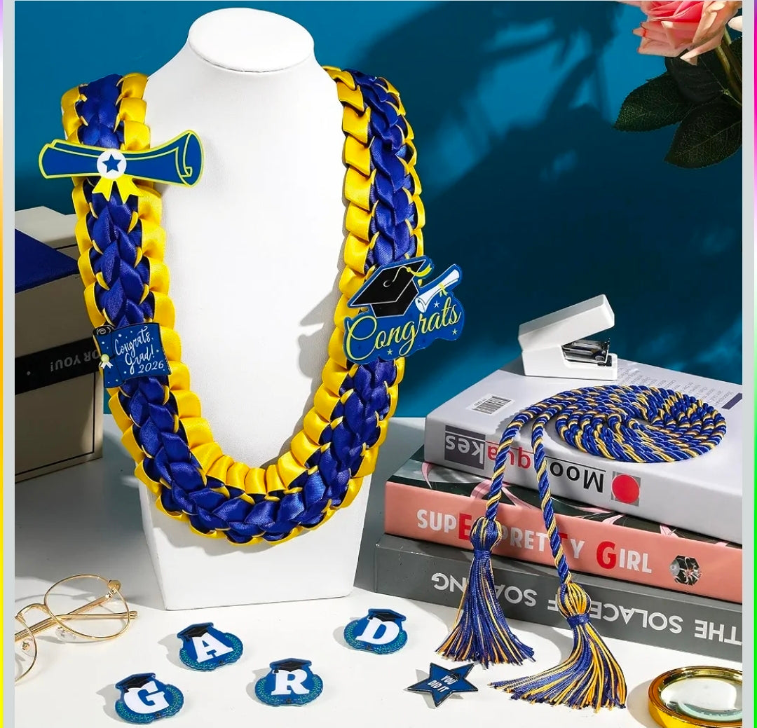 JUNEBRUSHS Graduation Leis Class of 2026 Blue Gold Graduation Ribbon Money Lei Honor Cords Graduation Necklace Graduation Gifts for High School College Graduation Party