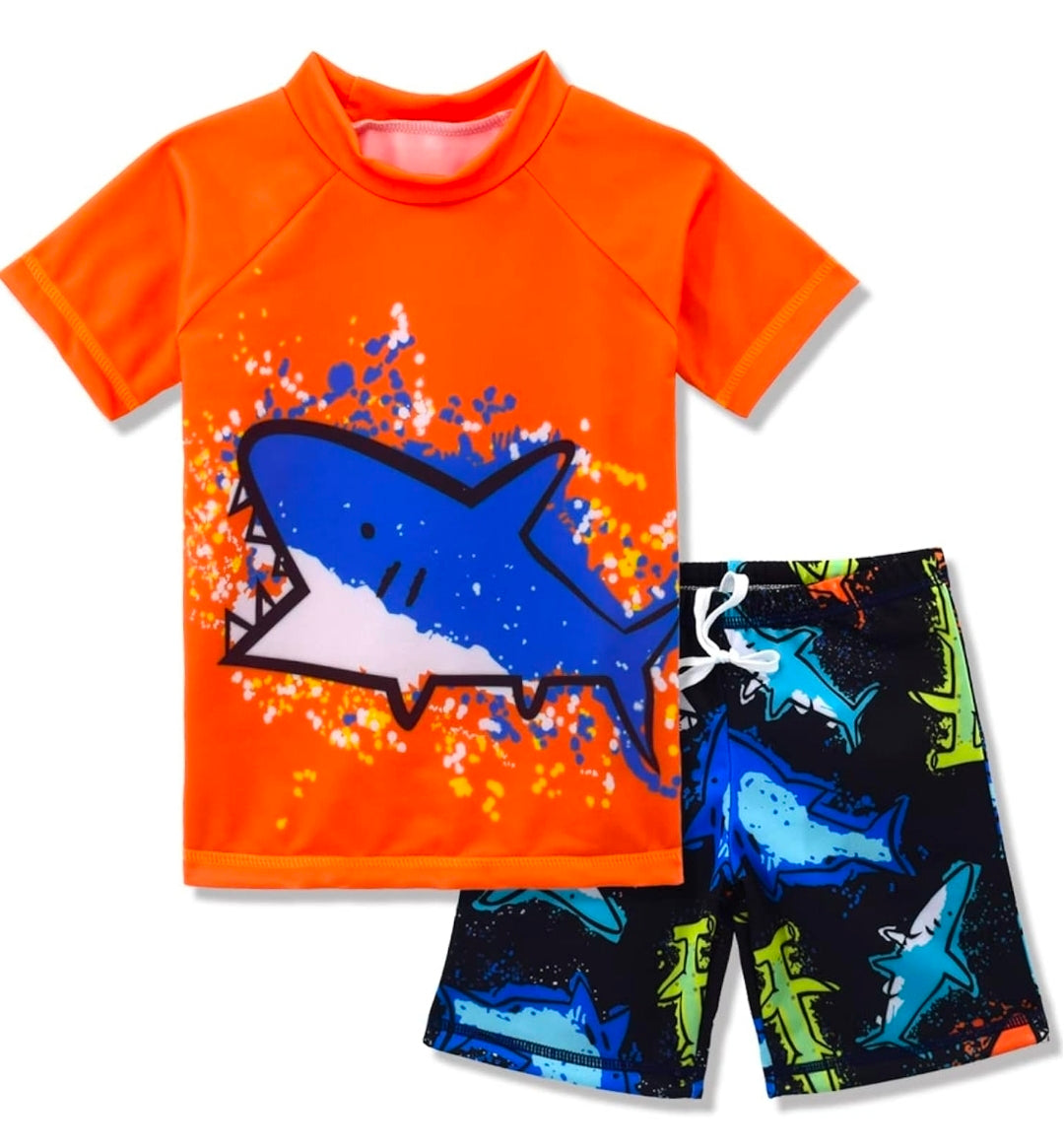 Boys Two Piece Rash Guard Swimsuits Kids Short Sleeve Sunsuit Swimwear Sets