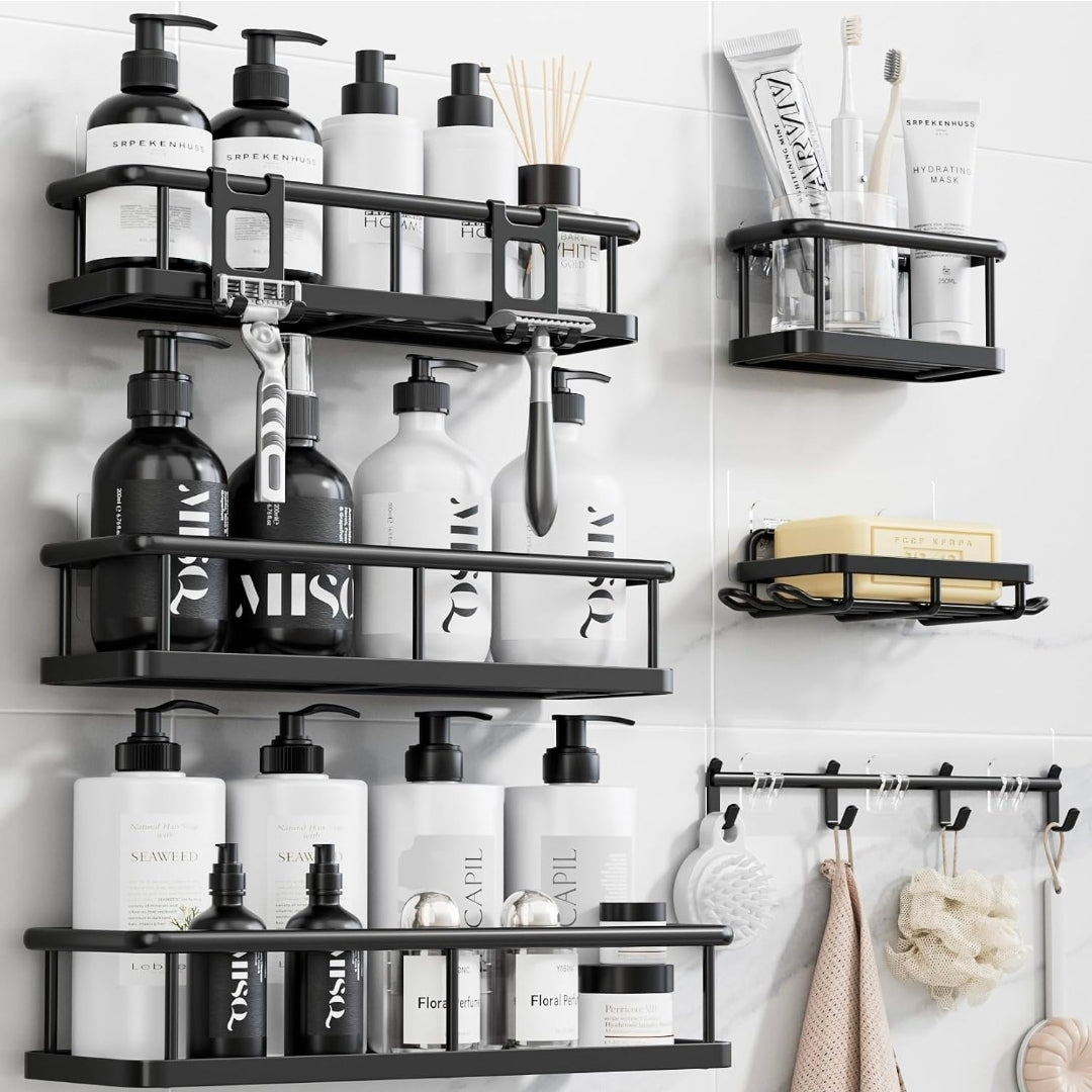 Shower Caddy Adhesive, Rustproof Shower Organizer with Soap Holder, Large Capacity Shower Shelves for Inside Shower, No Drilling Bathroom Organizers and Storage for Home Decor 6 Pack Black