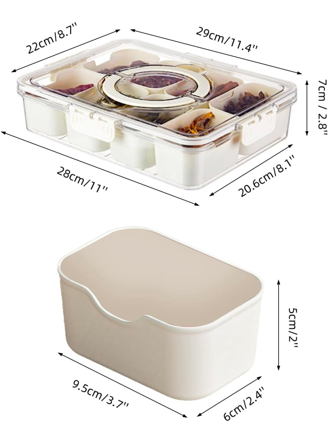 Air-Tight Snackle Box Container –Divided Serving Tray with Lid & Handle–Clear Snack box for Fruits, Candy & Nuts–Portable for Travel & Daily Use (8 Inside Containers Dishwasher Safe)