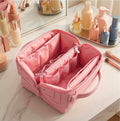 Multifunctional Makeup Case with Zipper & Handle Removable Dividers Toiletry Makeup Storage (Pink)