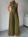 2 Piece Sets for Women Sleeveless Crop Top and Wide Leg Pants Going Out Outfits, Army green, XL