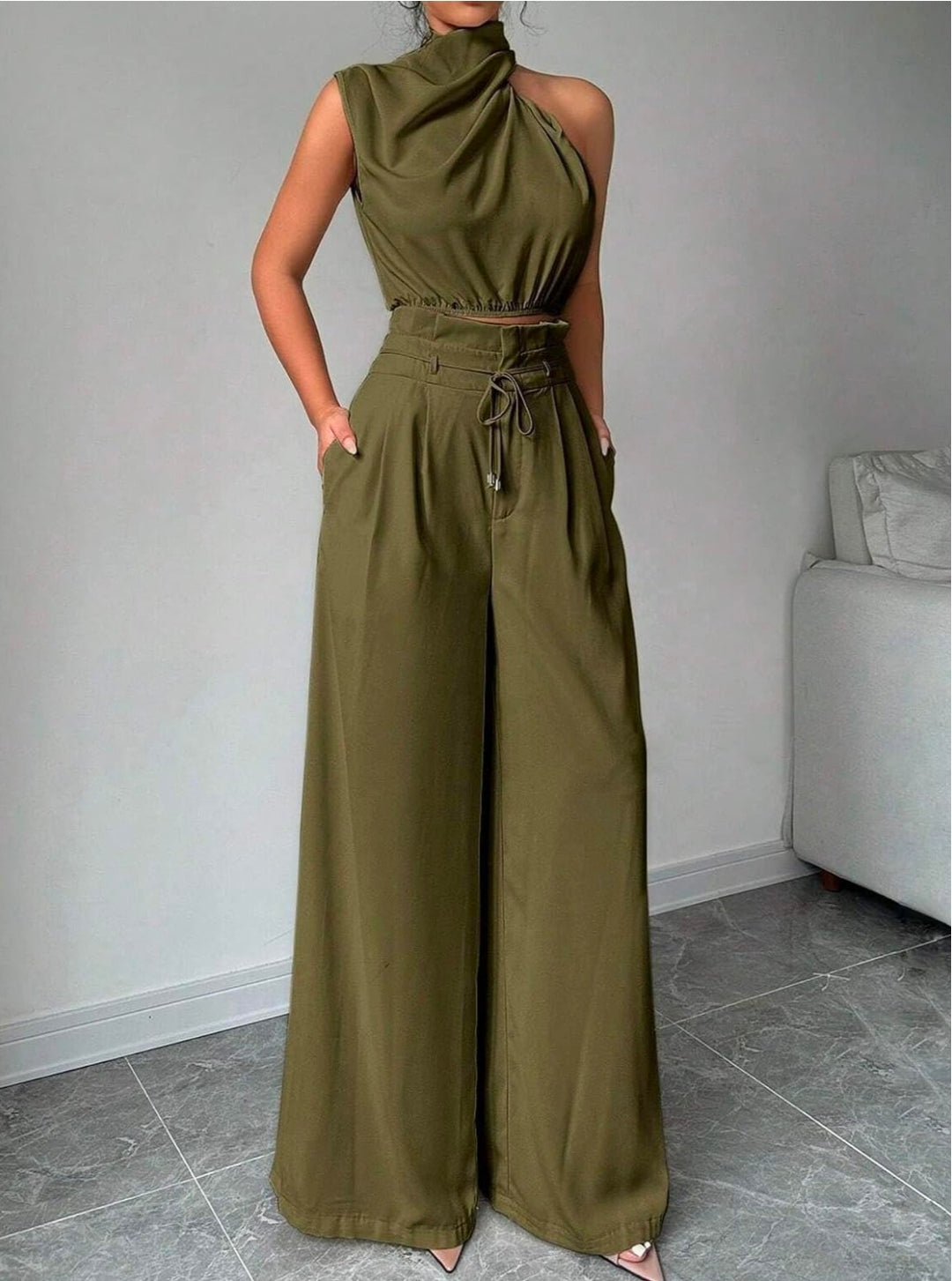 2 Piece Sets for Women Sleeveless Crop Top and Wide Leg Pants Going Out Outfits, Army green, XL