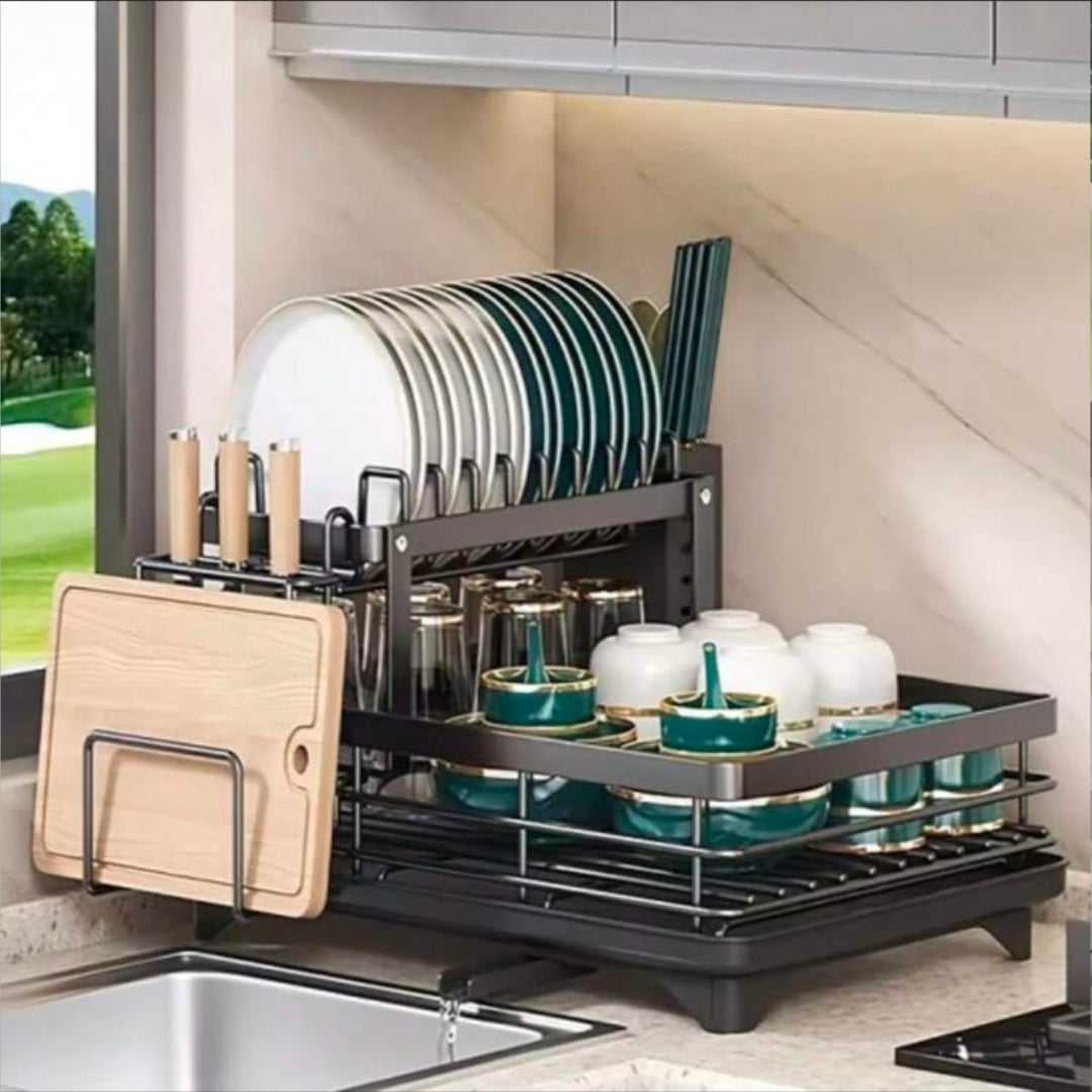 LEO IRIS Double-Layer Rustproof Dish Rack With Knife/Cutting Board Holders, Large Capacity With Drip Tray For Countertop Sink Storage