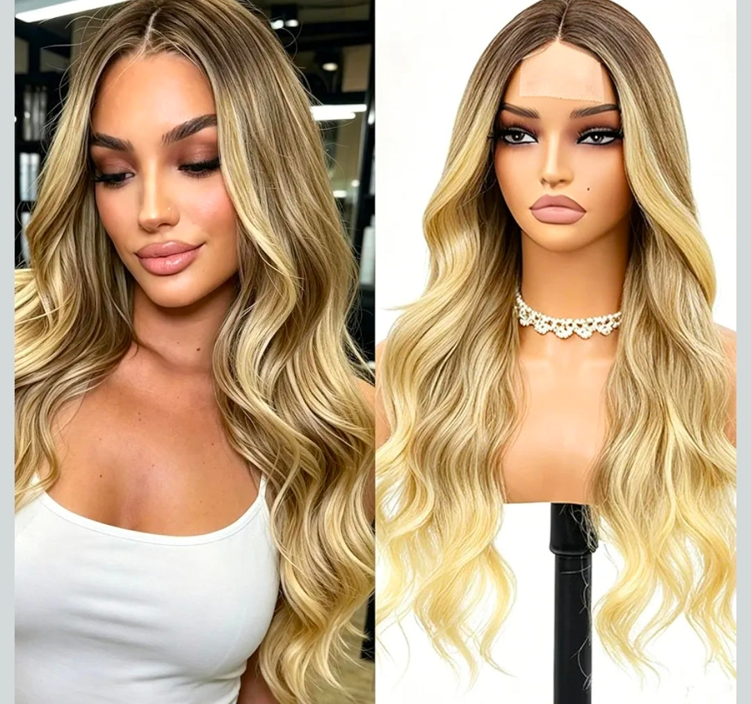 Long Ombre Dark Root Blonde Wavy Wig 4x1 Lace Natural Hairline Middle Part Curly Wavy Synthetic Heat Resistant Fiber Hair Wigs For Women Daily Party Use 26 Inch