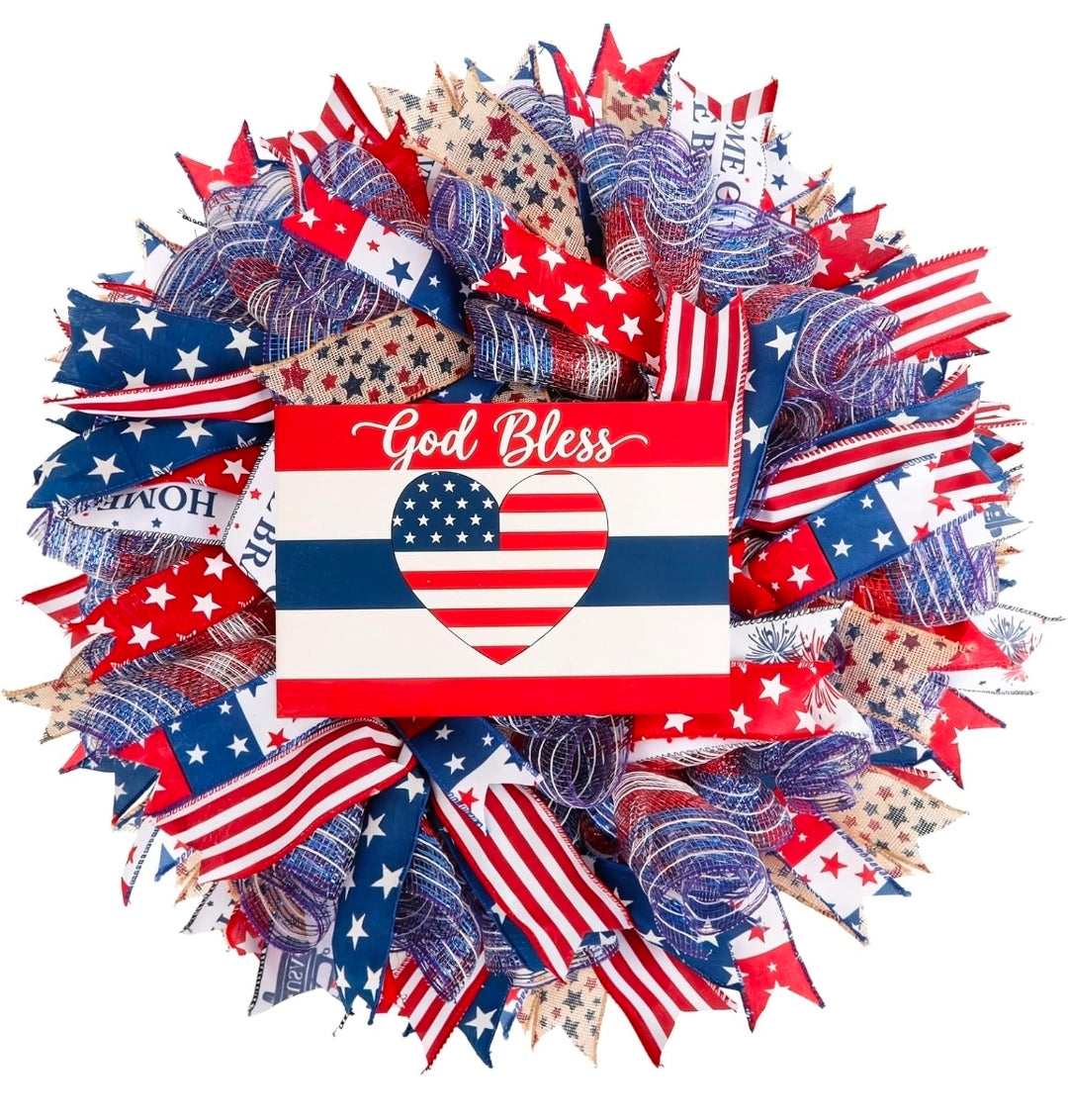 Patriotic Wreath for Front Door, 24 inch 4th of July Decorations