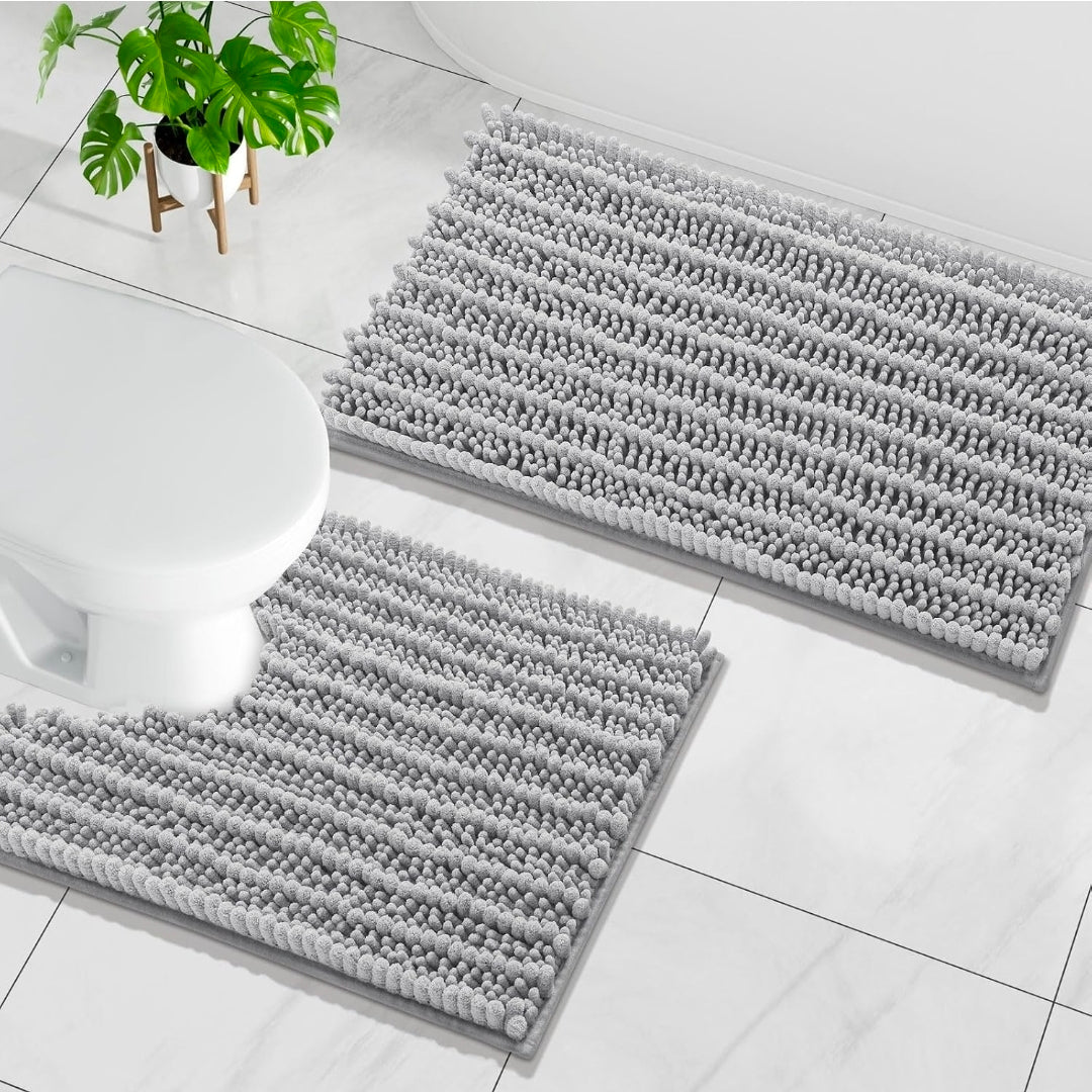 Chenille Bathroom Mats and Toilet Rugs U-Shaped, Bath Rug Size 30x20 and Toilet Rugs Size 24x20 in Light Grey, 2 Item Bundle