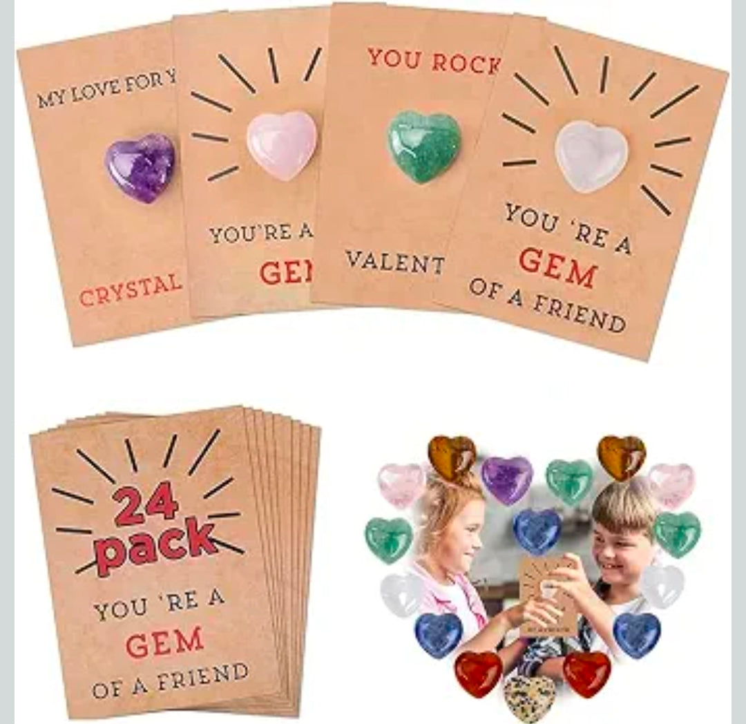 24Pack Valentines Cards with Heart-Shaped Crystal Stones, Heart-Shape Crystal Valentines Cards, YOU'RE A GEM OF A FRIEND