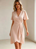 Elegant Wrap Sundress, Surplice V Neck Puff Sleeve Side Twist Asymmetrical medium