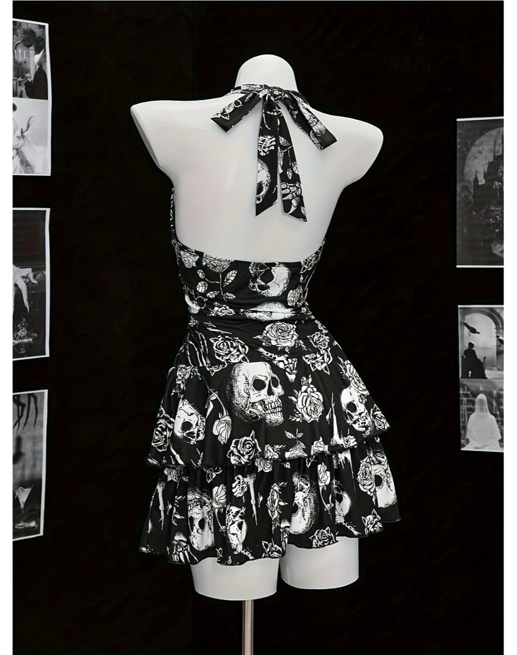 Edgy Skull Print Halter Sundress, Women's Gothic Deep V Tiered Mini Dress 2XL