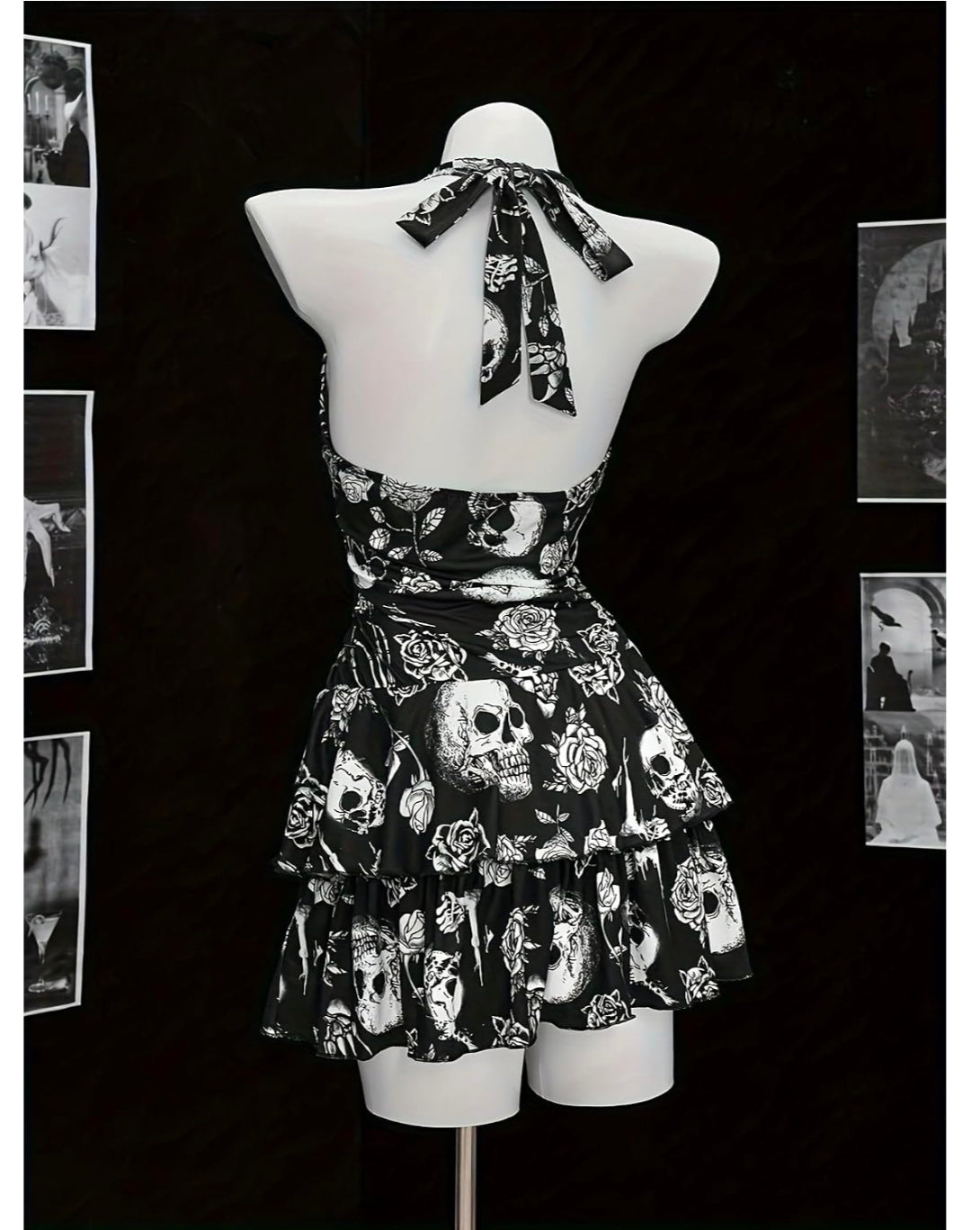 Edgy Skull Print Halter Sundress, Women's Gothic Deep V Tiered Mini Dress 2XL