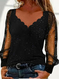 Womens Sparkly Tops Dressy Mesh Puff Long Sleeve Blouses V Neck Glitter XL