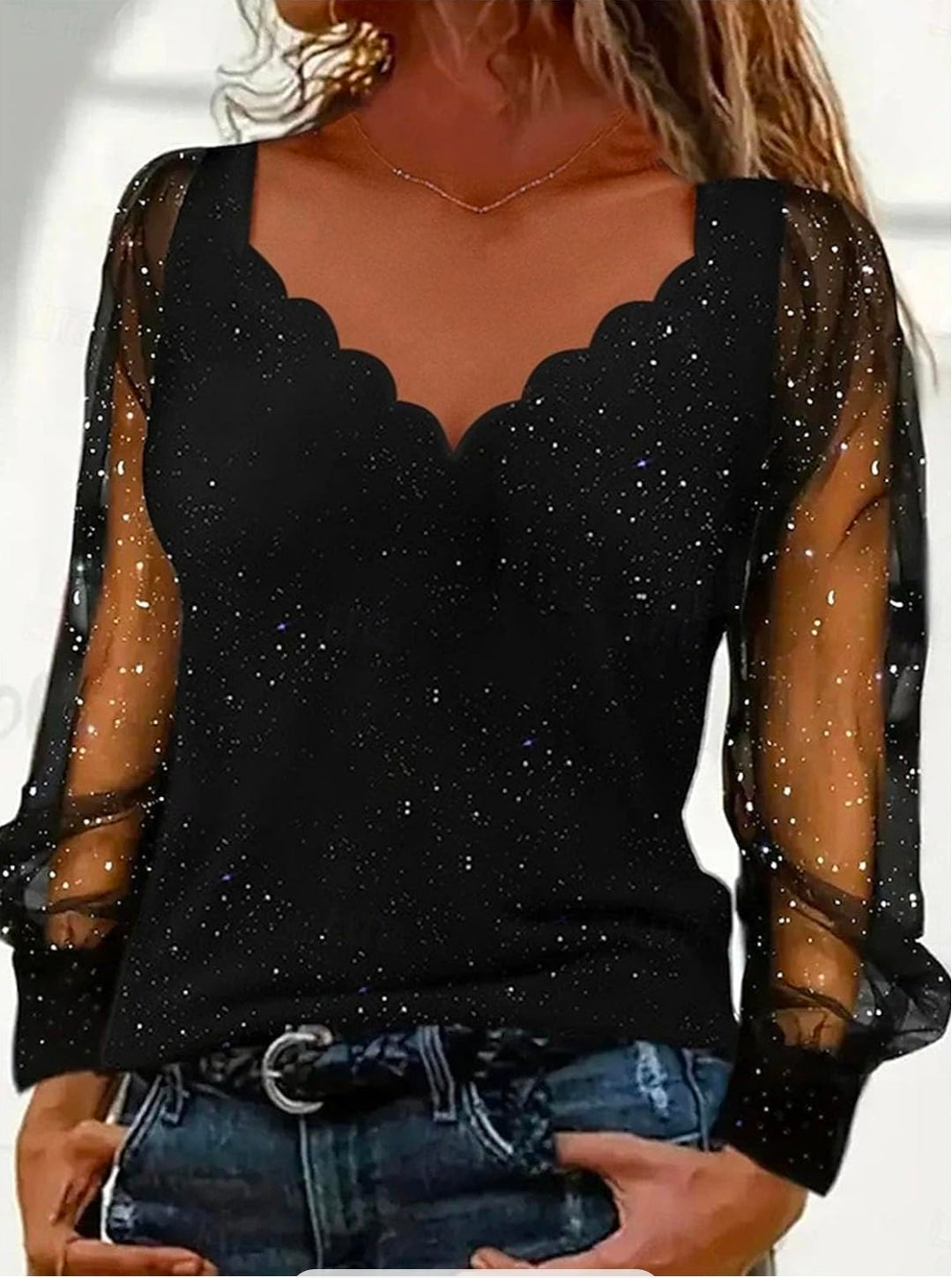 Womens Sparkly Tops Dressy Mesh Puff Long Sleeve Blouses V Neck Glitter XL