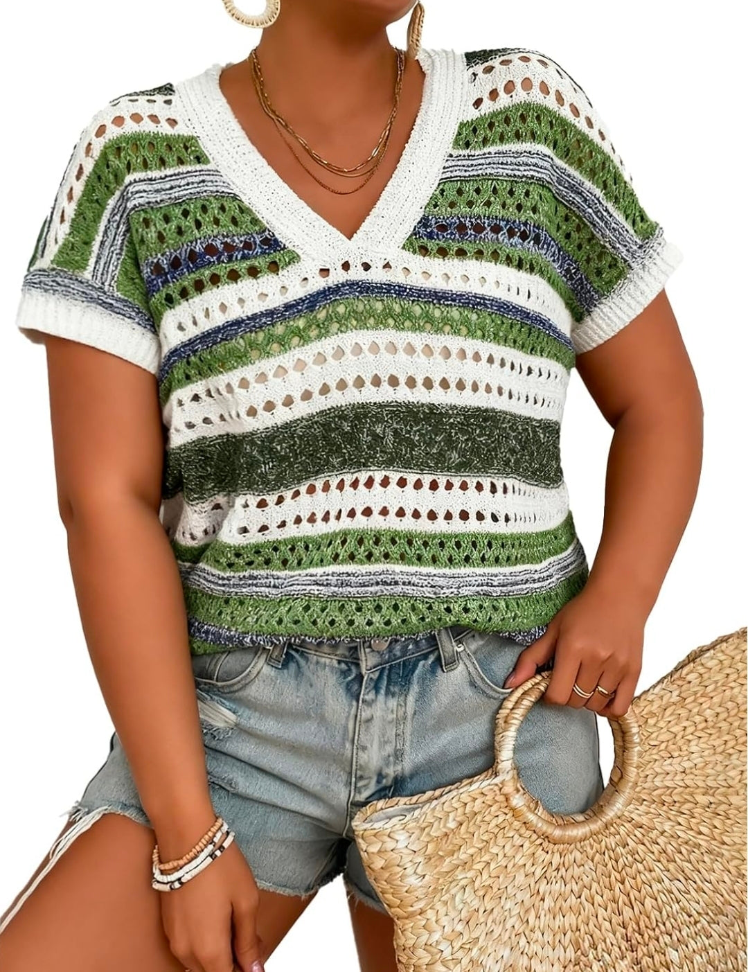 Plus Size Tops for Women Striped V Neck Short Sleeve Hollow Out Crochet Knit Sweater 3XL