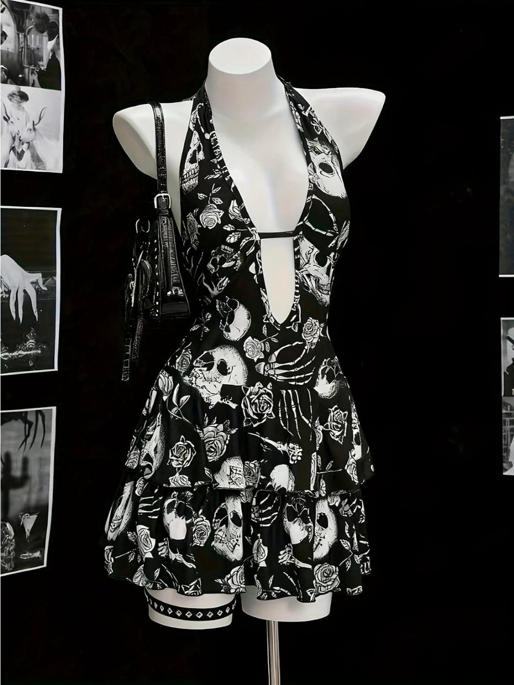 Edgy Skull Print Halter Sundress, Women's Gothic Deep V Tiered Mini Dress 2XL