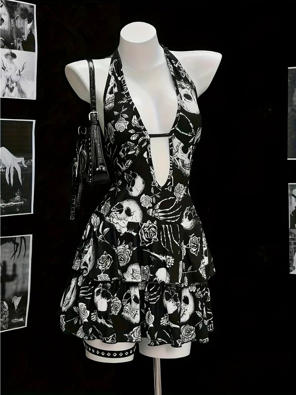 Edgy Skull Print Halter Sundress, Women's Gothic Deep V Tiered Mini Dress 2XL