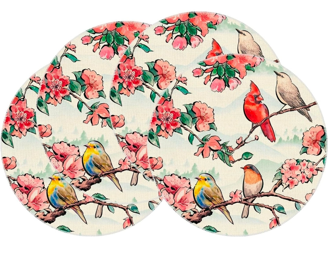 XCHI Watercolor Flowers Cardinal Birds Spring Round Placemats Set of 4 Summer Table Mats for Party Home Kitchen Dining Table Decorations 14x14 Inch