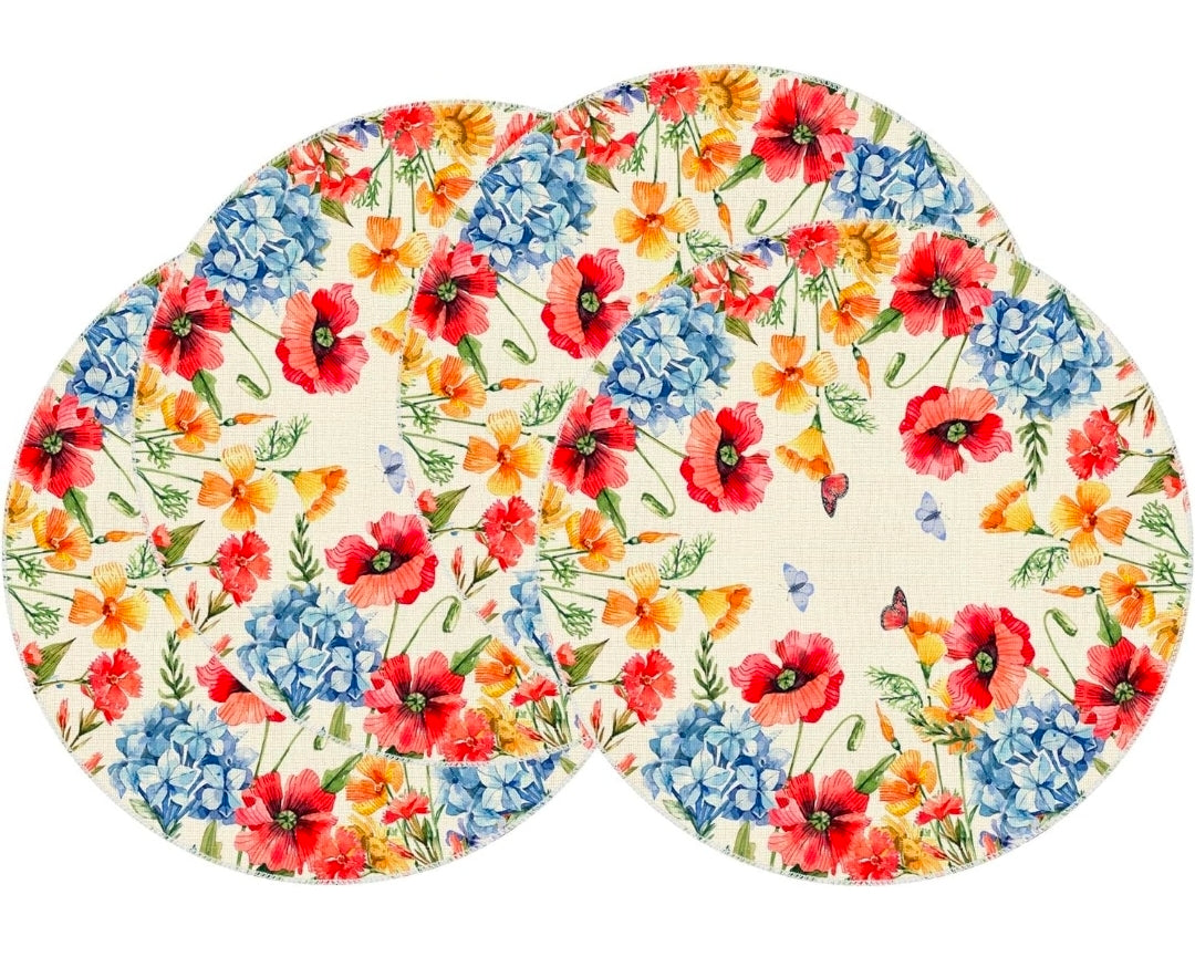 XCHI Watercolor Colorful Wildflowers Butterfly Spring Round Placemats Set of 4 Summer Table Mats for Party Home Kitchen Dining Table Decorations 14x14 Inch