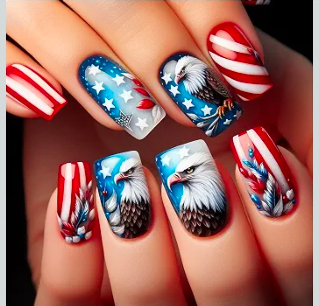 4th of July Press on Nails Short Square Fake Nails 24Pcs Glossy USA Flag Stripe