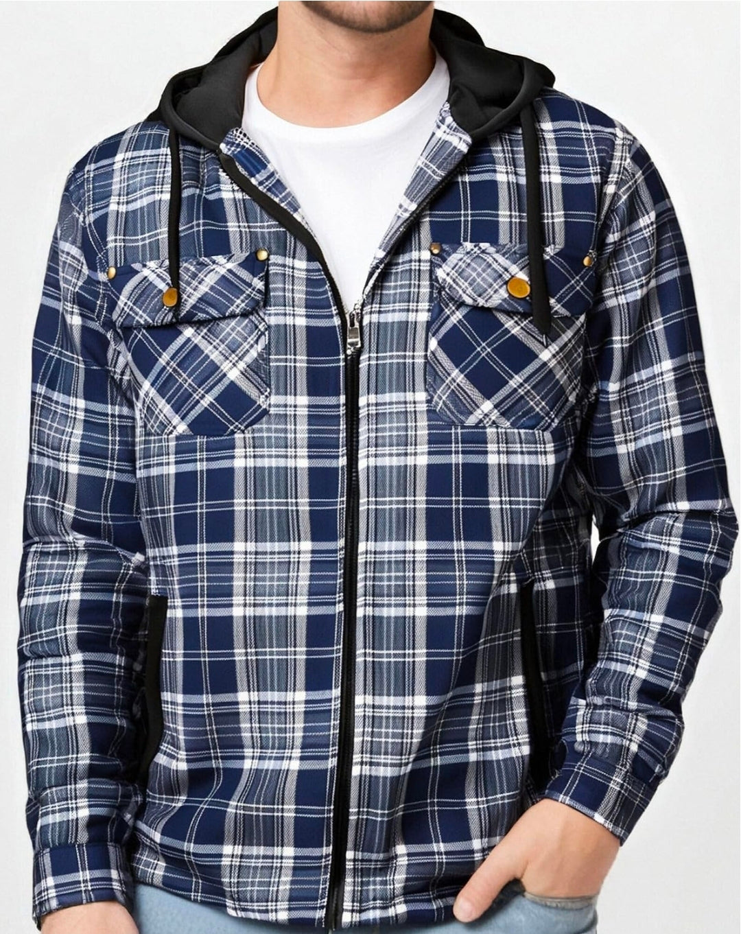 Men's Winter Cotton Plaid Shirts Jacket Warm Fleece Lined Flannel Hooded Shirt Jacket Coat Large