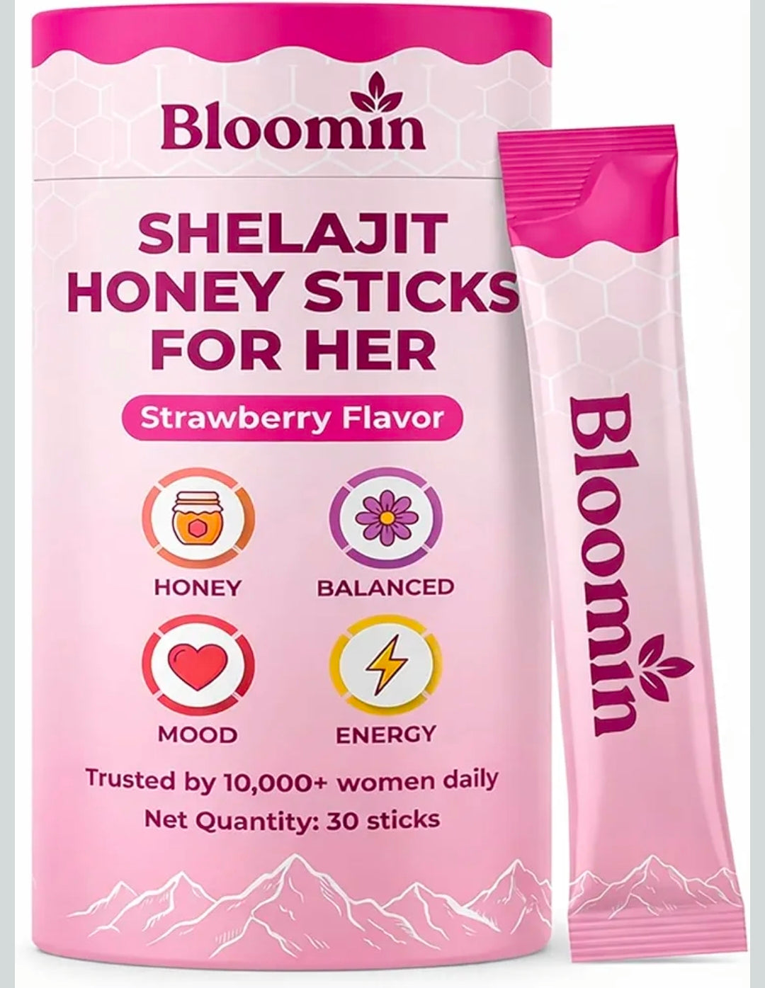 Bloomin Honey Sticks, Bloomin Honey Sticks for Women with Shatavari, Saffron, And Shilajit, Energy Boost&hormonal Balance, Strawberry Flavor 30 Sticks