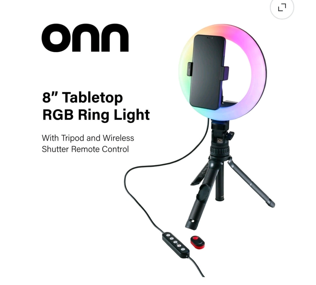 onn LED RGB Ring Light with Tripod Stand, Adjustable Height, Phone Holder & Bluetooth Remote