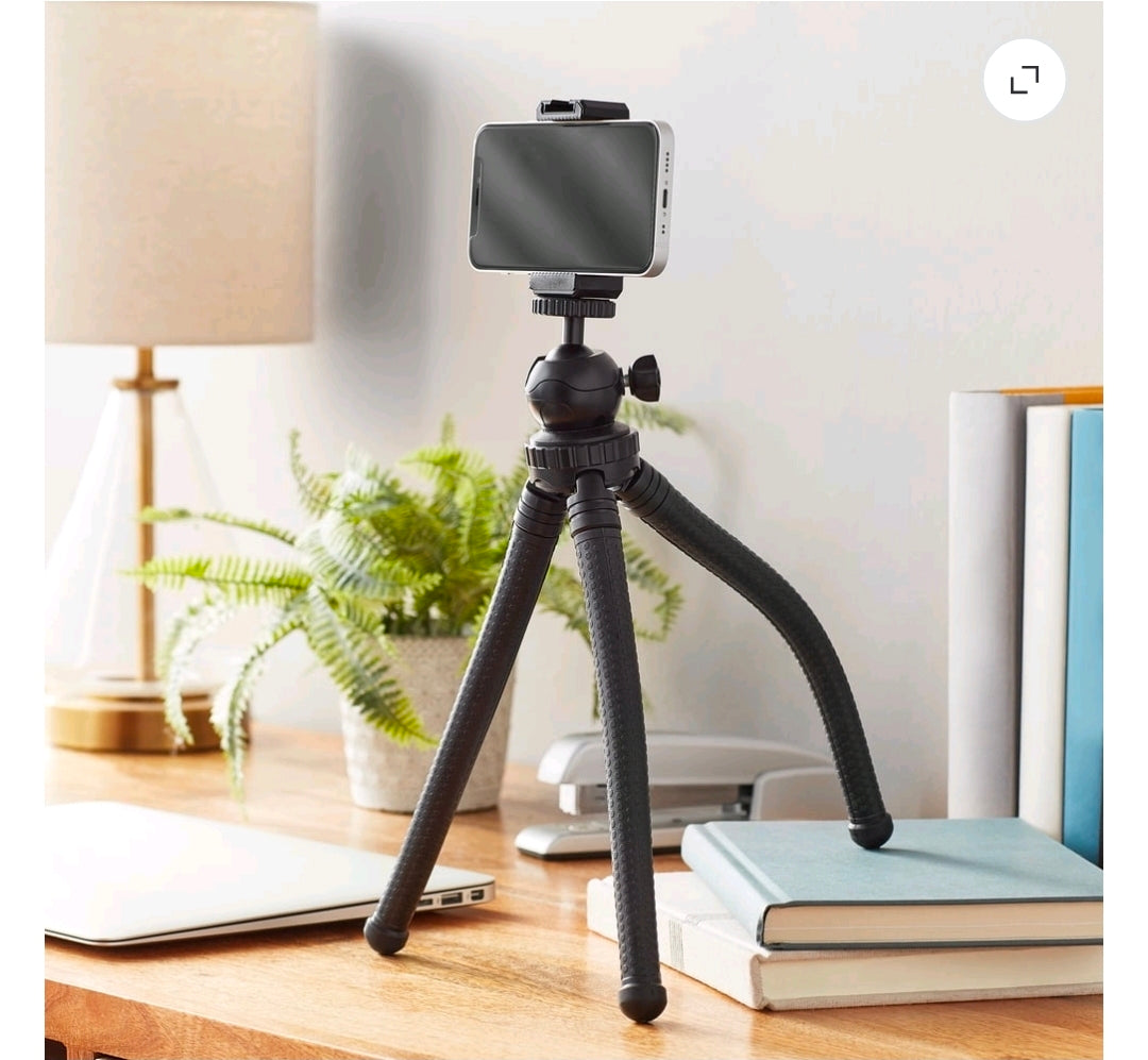 onn. Focus 12" Flexible Mini Tripod with Smartphone Cradle, GoPro Mount & Adjustable Ball Head, Portable Camera Tripod for Smartphones, Compact Cameras & Action Cameras, Black