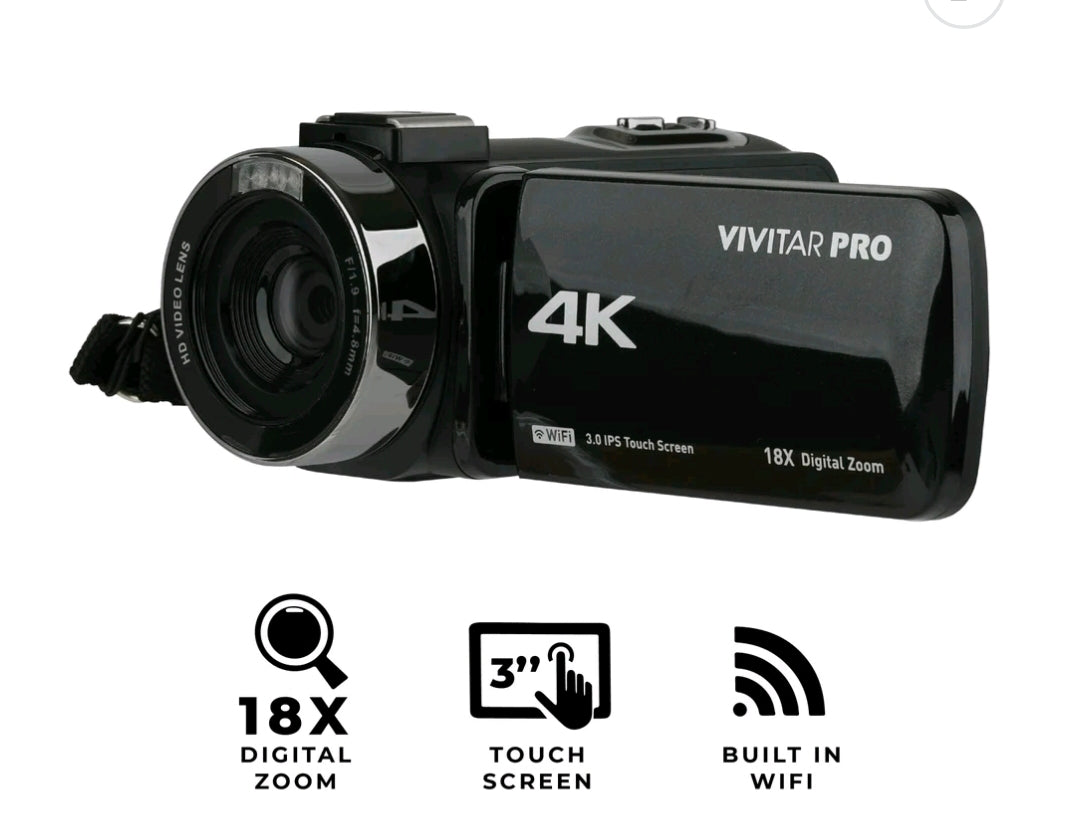 Vivitar WiFi 4K HD Digital Video Camera with Built-In Night Vision and 3" Touch Rotational Display for Vlogging