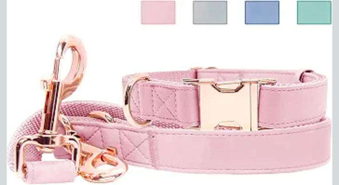 Soft Leather Dog Collar and Leash (6.6') Set - Stylish Rose Gold Heavy Duty Metal Buckle, 4 Adjustable Lengths Leash for Small Medium Large Dogs - Comfortable & Easy to Clean Pink S(12.2"-16.9")