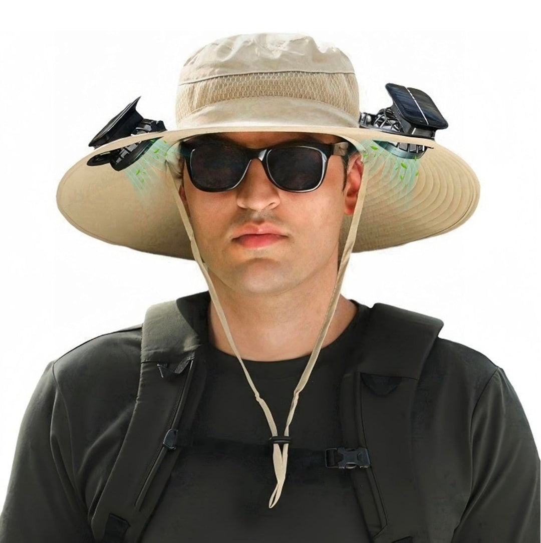 Solar Fan Hat, Wide Brim Sun Cap with 2 Solar Sun Protection Fans, USB and Solar Powered Fan Hat