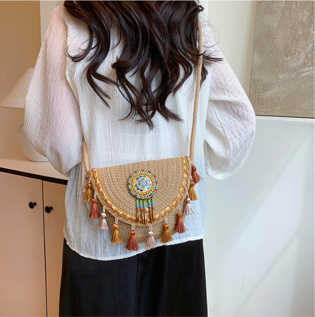 Bohemian tassel woven crossbody bag, ethnic style bead bag