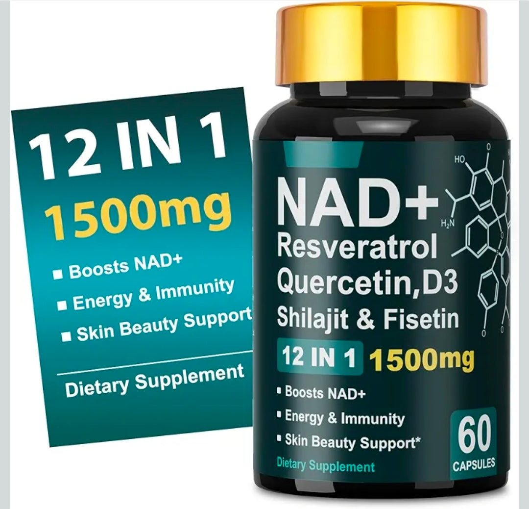 NAD+ Resveratrol Vitamin D3 Quercetin & Fisetin, Anti Aging NAD Supplements 1500mg for Women & Men Support Energy Skin Health Vitality & Immunity 60 Capsules